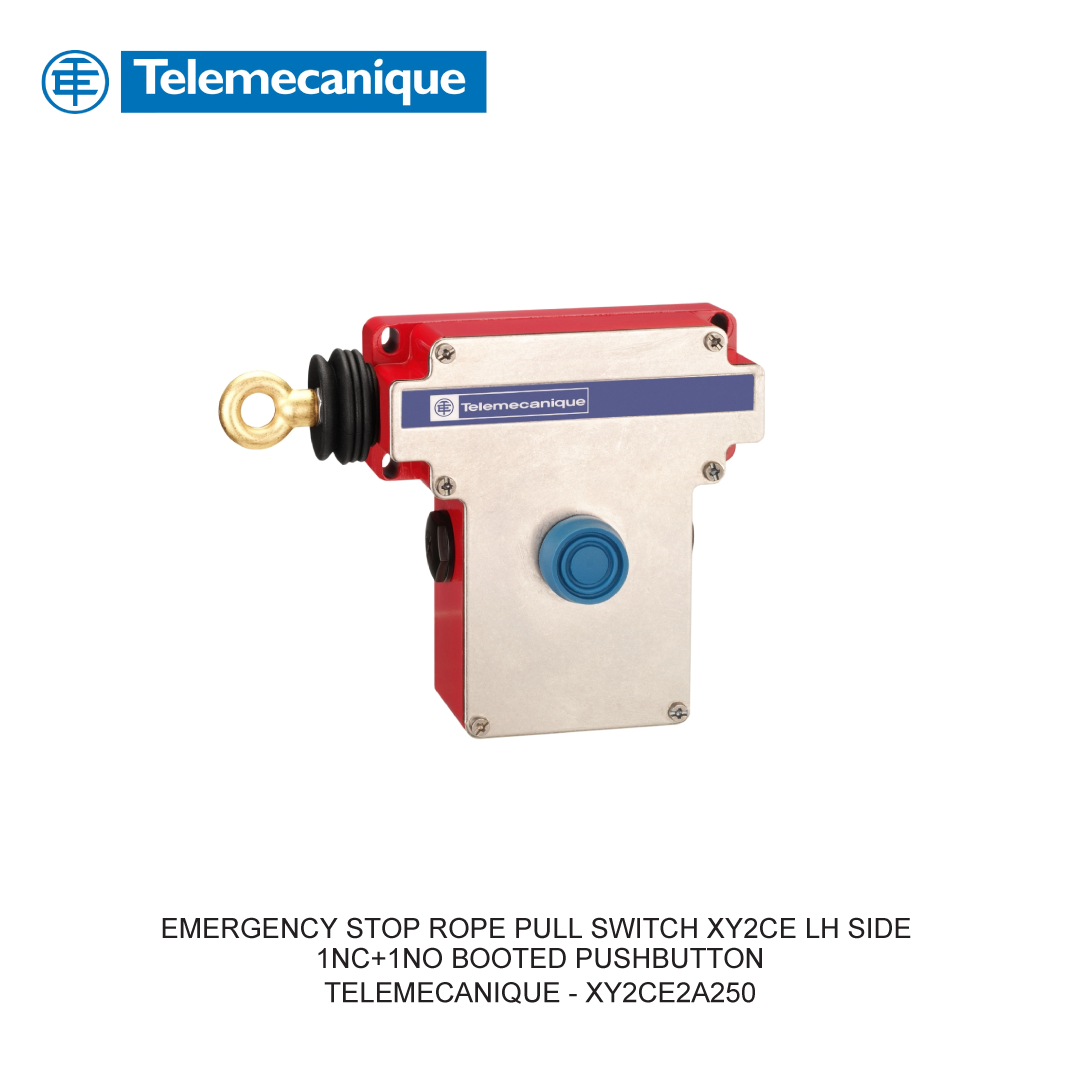 EMERGENCY STOP ROPE PULL SWITCH XY2CE LH SIDE 1NC+1NO BOOTED PUSHBUTTON