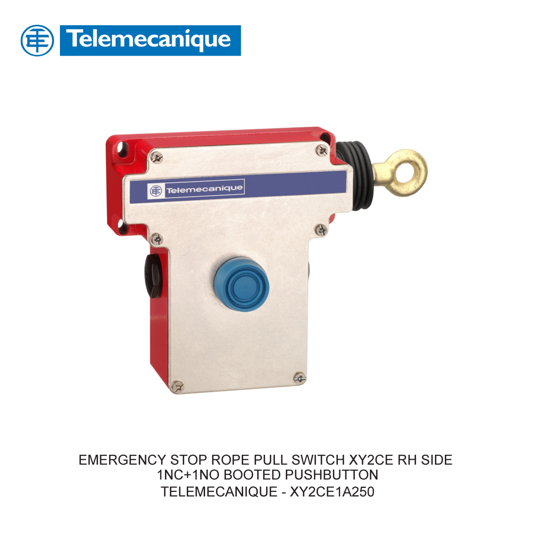 EMERGENCY STOP ROPE PULL SWITCH XY2CE RH SIDE 1NC+1NO BOOTED PUSHBUTTON