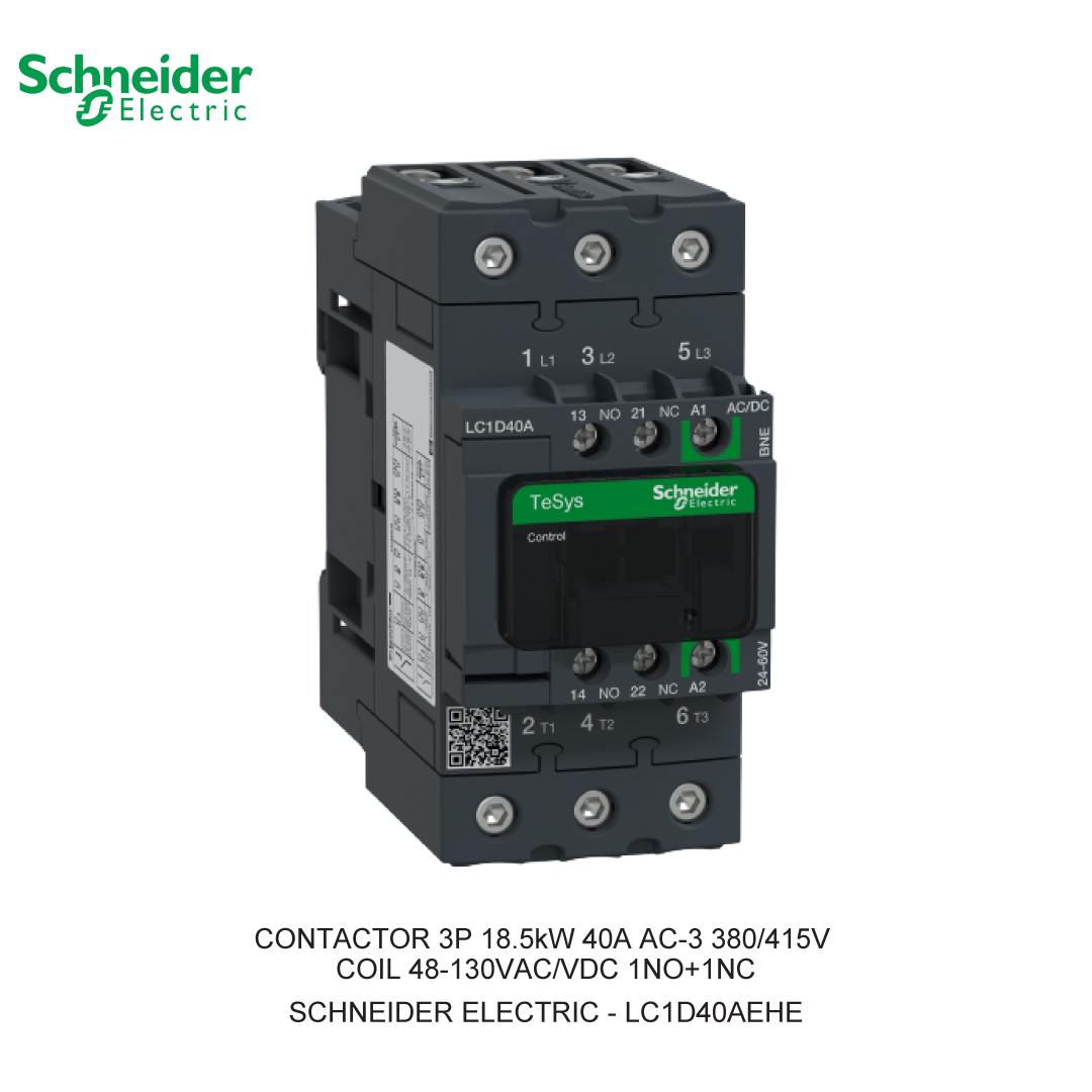 CONTACTOR 3P 18.5kW 40A AC-3 380/415V COIL 48-130VAC/VDC 1NO+1NC