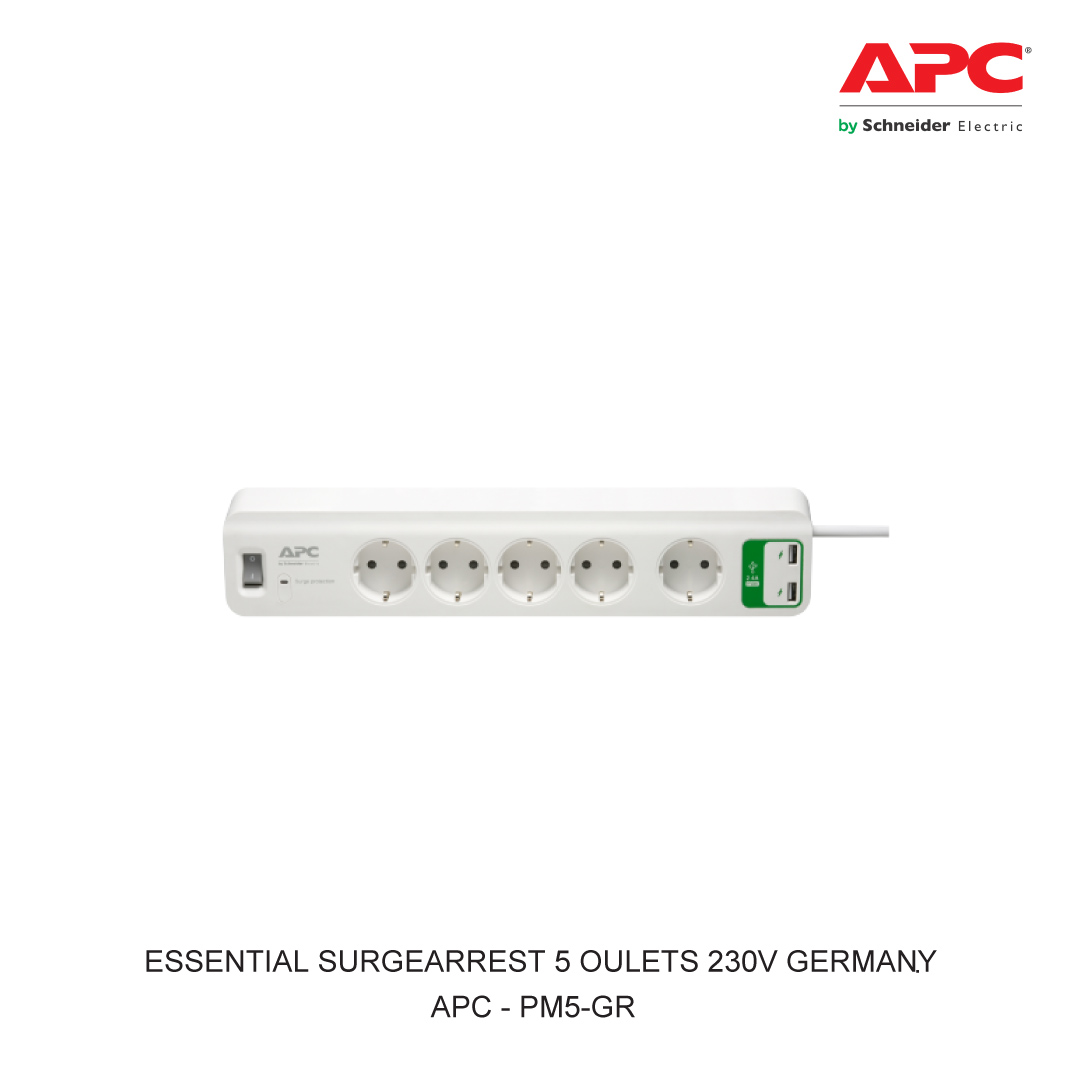 APC ESSENTIAL SURGEARREST 5 OUTLETS WITH 5V 2.4A 2 PORT USB CHARGER 230V GERMANY