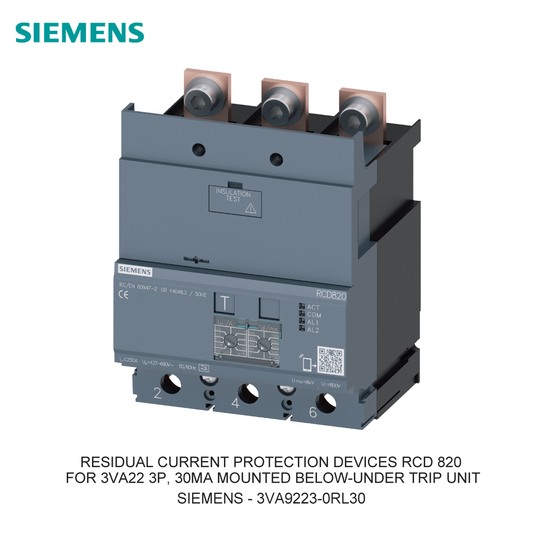 RESIDUAL CURRENT PROTECTION DEVICES RCD 820 FOR 3VA22 3P, 30MA MOUNTED BELOW-UNDER TRIP UNIT
