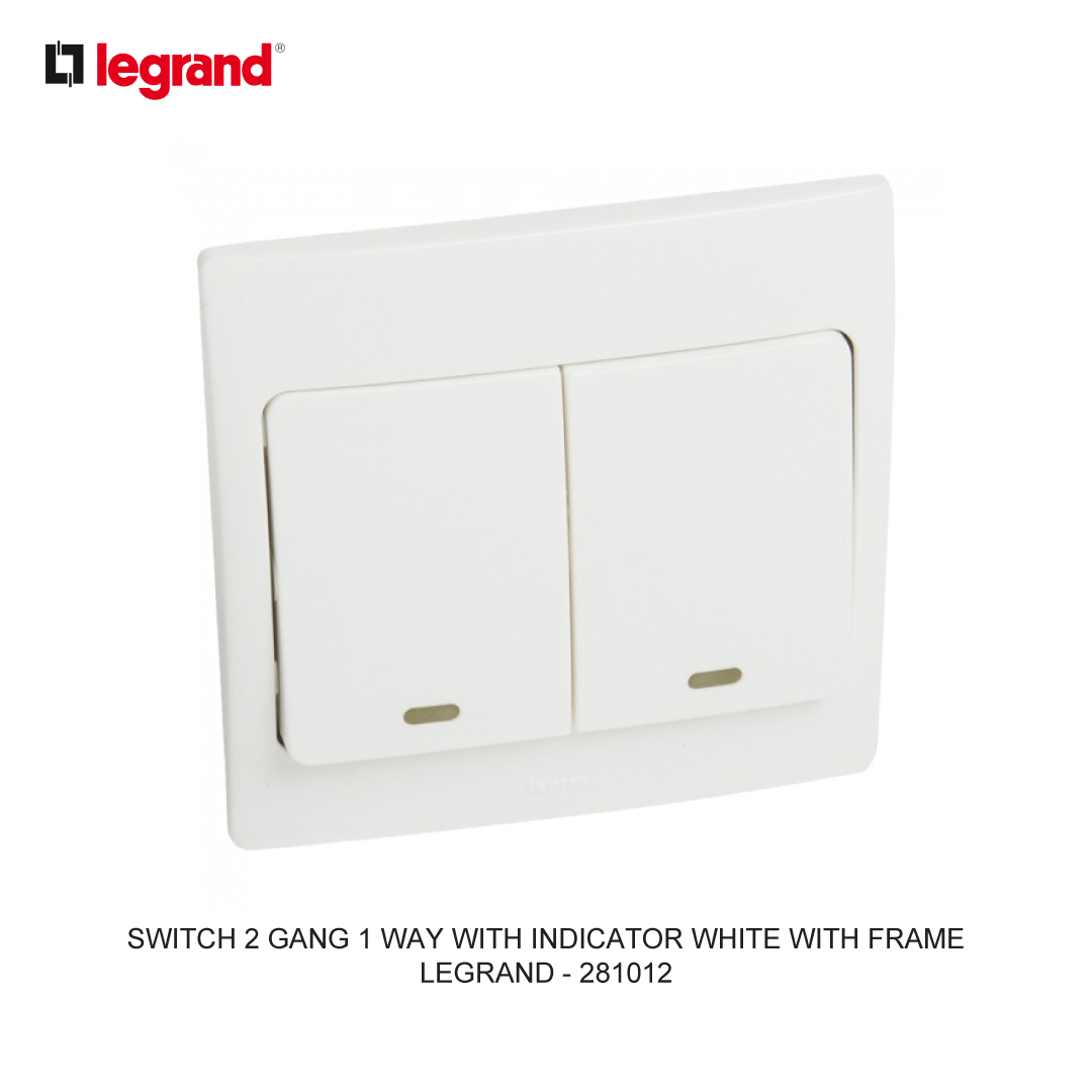 SWITCH 2 GANG 1 WAY WITH INDICATOR WHITE WITH FRAME