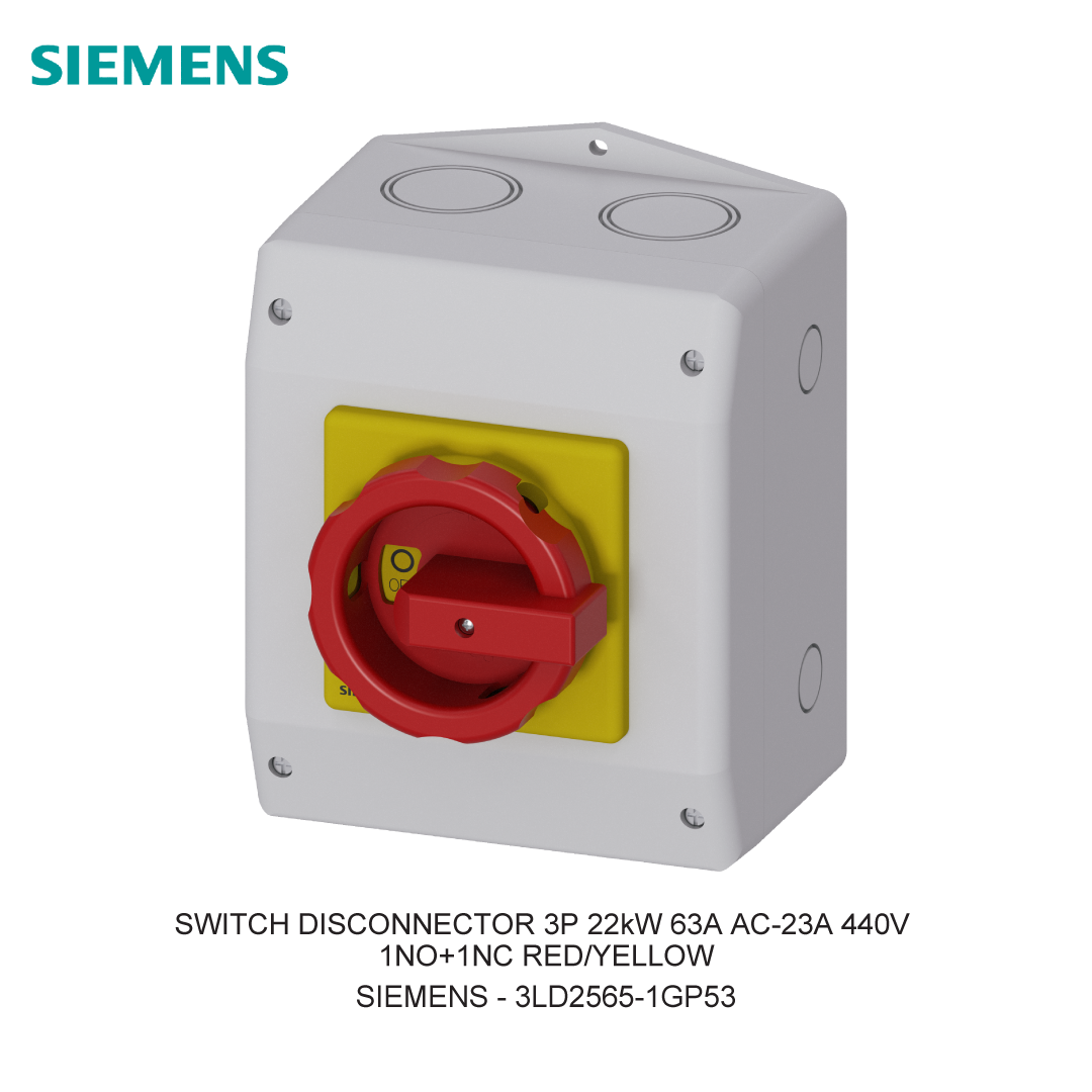 SWITCH DISCONNECTOR 3P 22kW 63A AC-23A 440V 1NO+1NC RED/YELLOW
