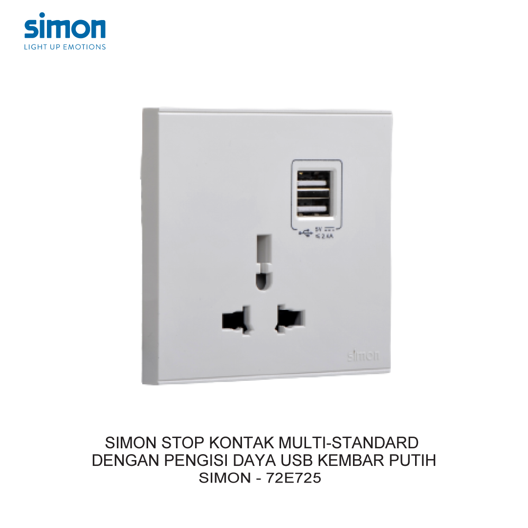 SIMON MULTI-STANDARD SOCKET WITH TWIN USB CHARGER WHITE