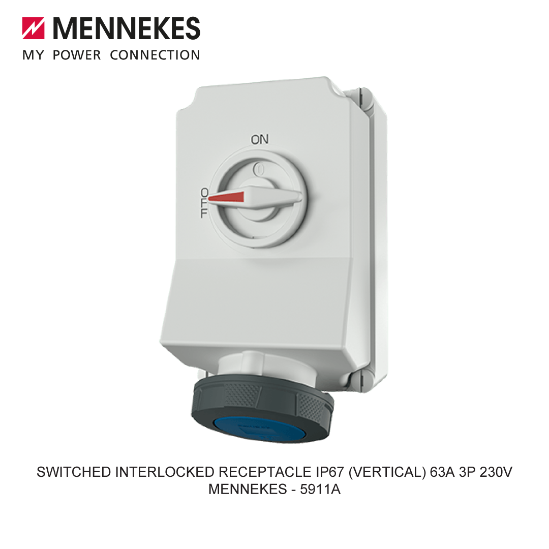 SWITCHED INTERLOCKED RECEPTACLE IP67 (VERTICAL) 63A 3P 230V