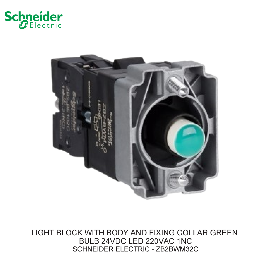 LIGHT BLOCK WITH BODY AND FIXING COLLAR GREEN BULB 24VDC LED 220VAC 1NC