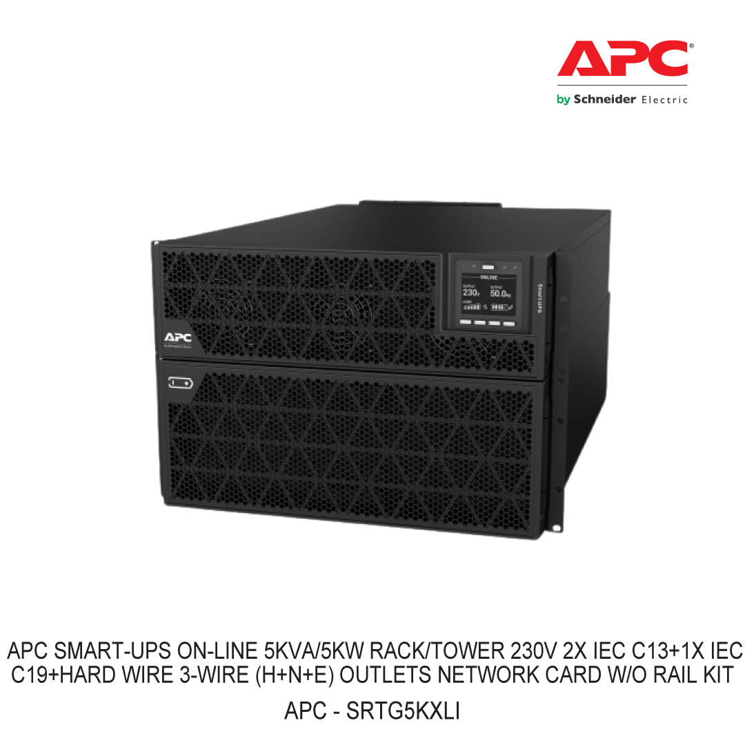 APC SMART-UPS ON-LINE 5KVA/5KW RACK/TOWER 230V 2X IEC C13+1X IEC C19+HARD WIRE 3-WIRE (H+N+E) OUTLETS NETWORK CARD W/O RAIL KIT