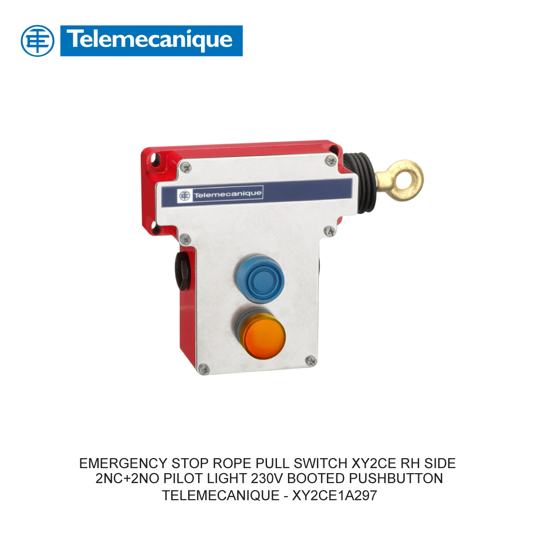 EMERGENCY STOP ROPE PULL SWITCH XY2CE RH SIDE 2NC+2NO PILOT LIGHT 230V BOOTED PUSHBUTTON