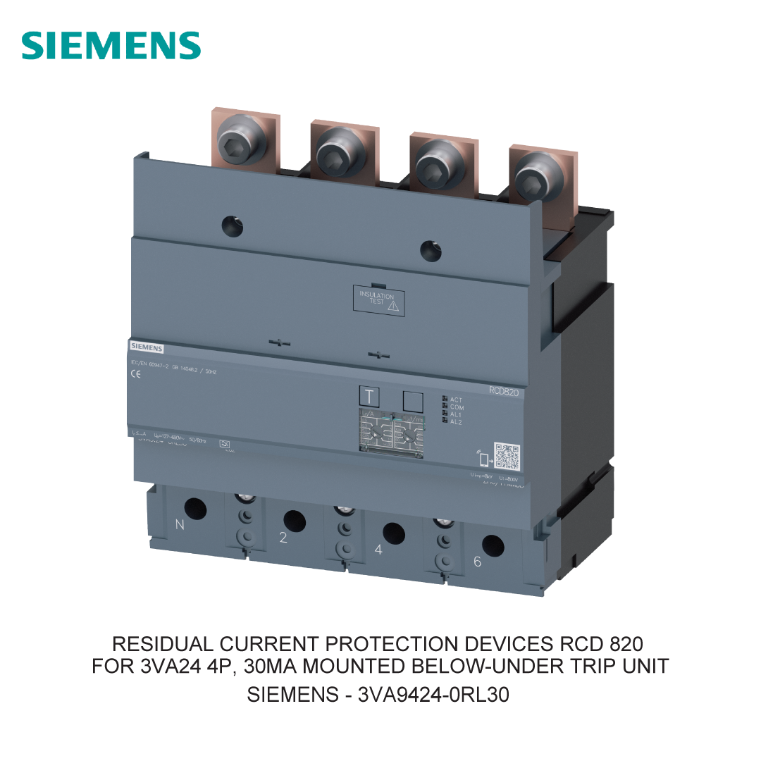 RESIDUAL CURRENT PROTECTION DEVICES RCD 820 FOR 3VA24 4P, 30MA MOUNTED BELOW-UNDER TRIP UNIT