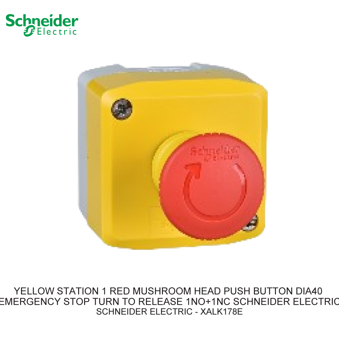 YELLOW STATION 1 RED MUSHROOM HEAD PUSH BUTTON DIA40 EMERGENCY STOP TURN TO RELEASE 1NO+1NC SCHNEIDER ELECTRIC