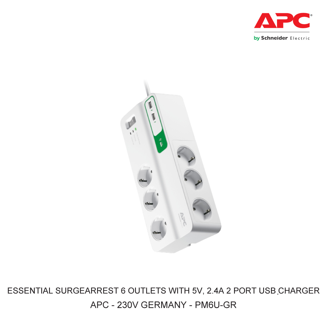 APC ESSENTIAL SURGEARREST 6 OUTLETS WITH 5V 2.4A 2 PORT USB CHARGER 230V GERMANY