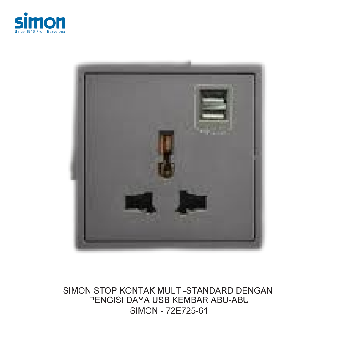SIMON MULTI-STANDARD SOCKET WITH TWIN USB CHARGER GREY