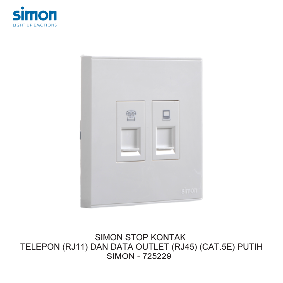 SIMON STOP KONTAK TELEPON (RJ11) DAN DATA OUTLET (RJ45) (CAT.5E) PUTIH