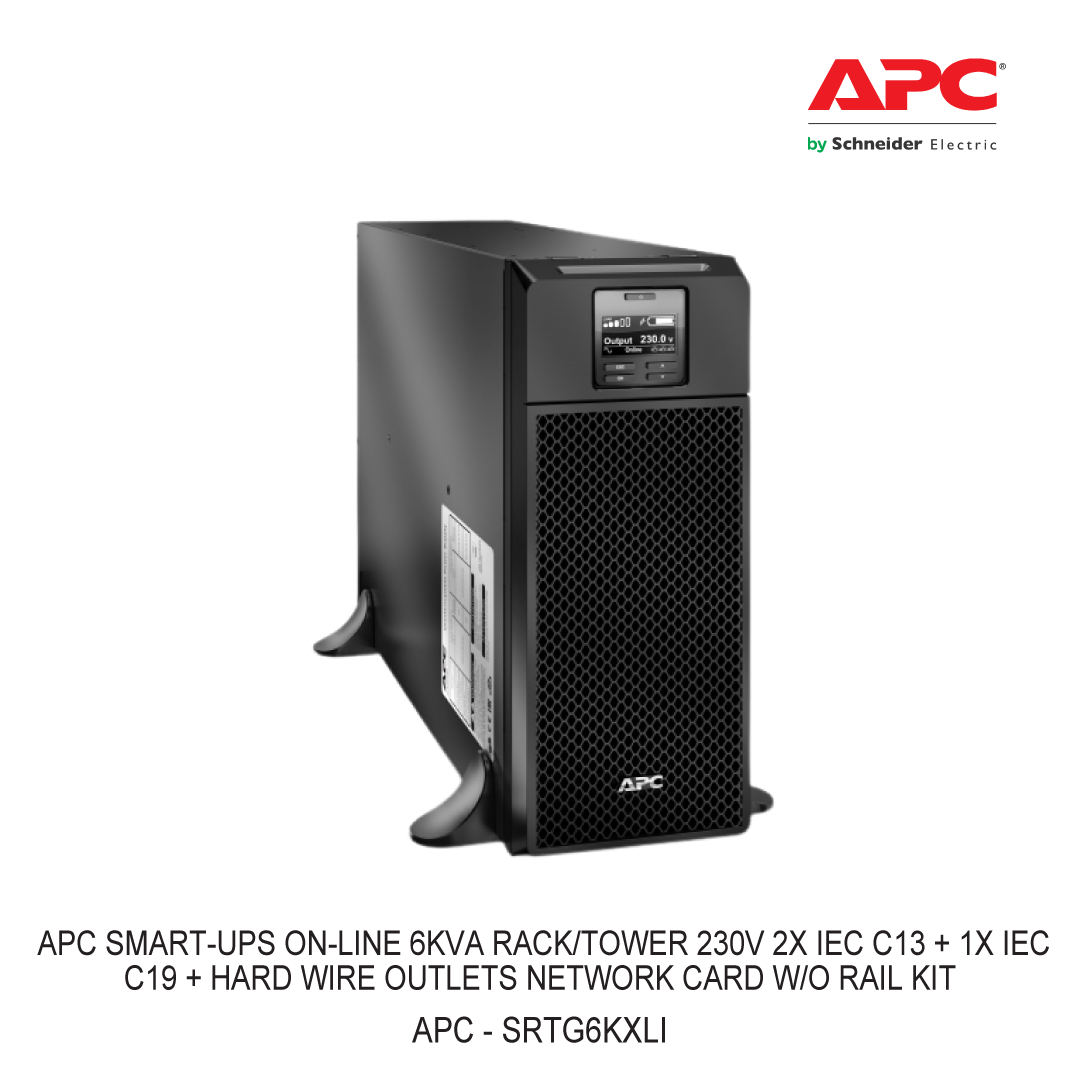 APC SMART-UPS ON-LINE 6KVA RACK/TOWER 230V 2X IEC C13 + 1X IEC C19 + HARD WIRE OUTLETS NETWORK CARD W/O RAIL KIT