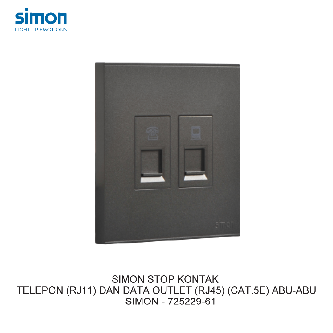 SIMON STOP KONTAK TELEPON (RJ11) DAN DATA OUTLET (RJ45) (CAT.5E) ABU-ABU