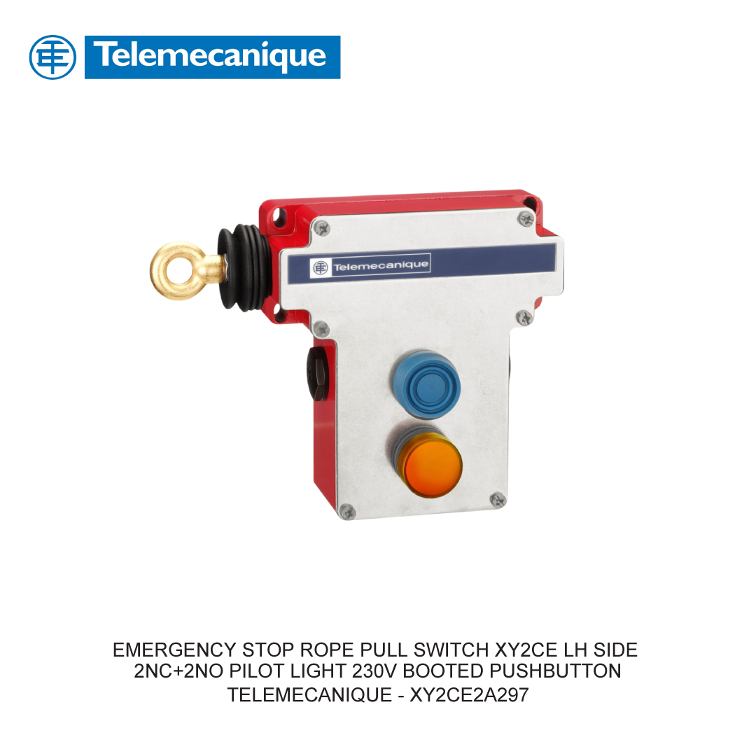 EMERGENCY STOP ROPE PULL SWITCH XY2CE LH SIDE 2NC+2NO PILOT LIGHT 230V BOOTED PUSHBUTTON