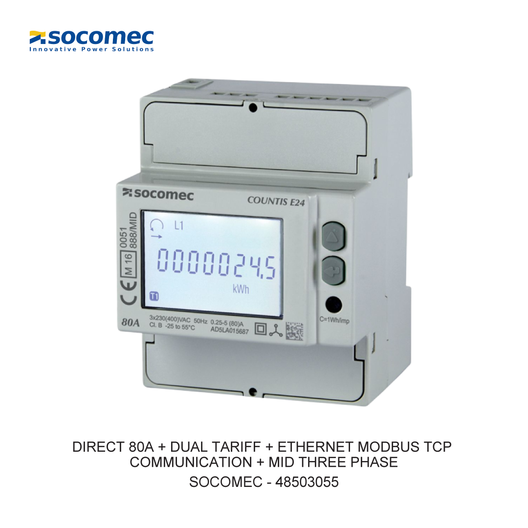 DIRECT 80A + DUAL TARIFF + ETHERNET MODBUS TCP COMMUNICATION + MID THREE PHASE