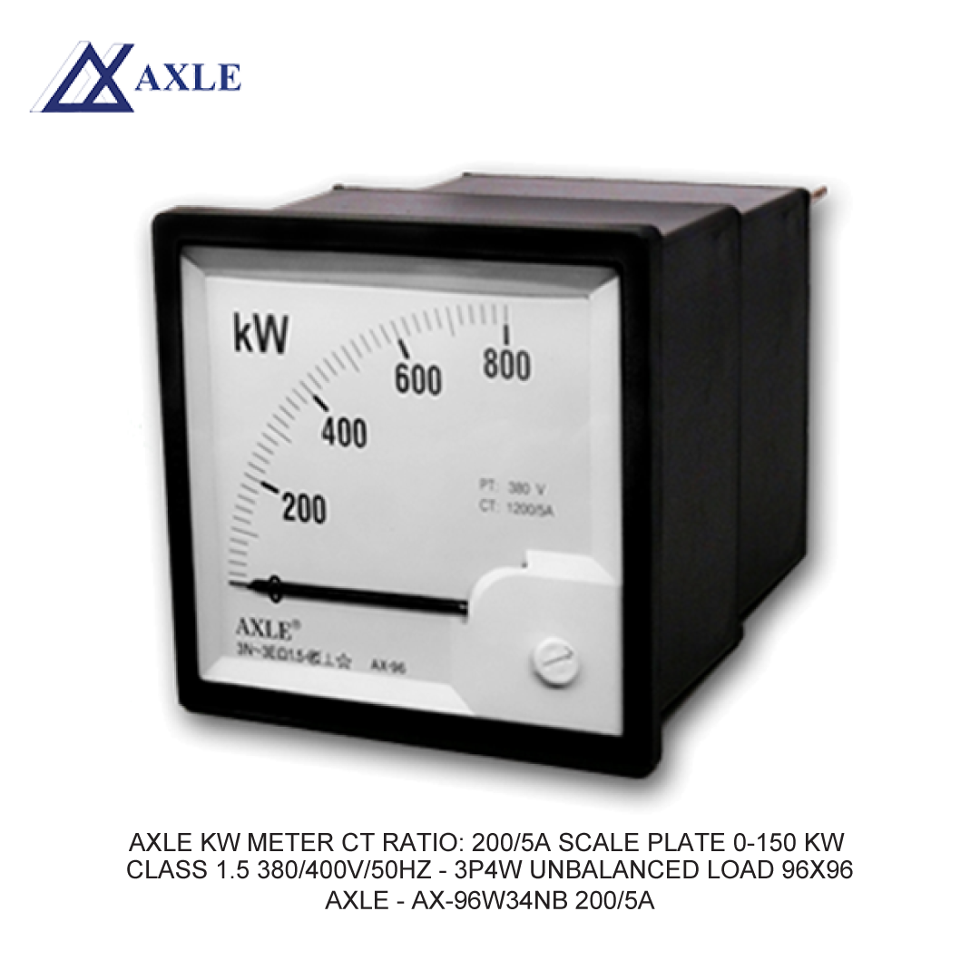 AXLE KW METER CT RATIO: 200/5A SCALE PLATE 0-150 KW CLASS 1.5 380/400V/50HZ - 3P4W UNBALANCED LOAD 96X96