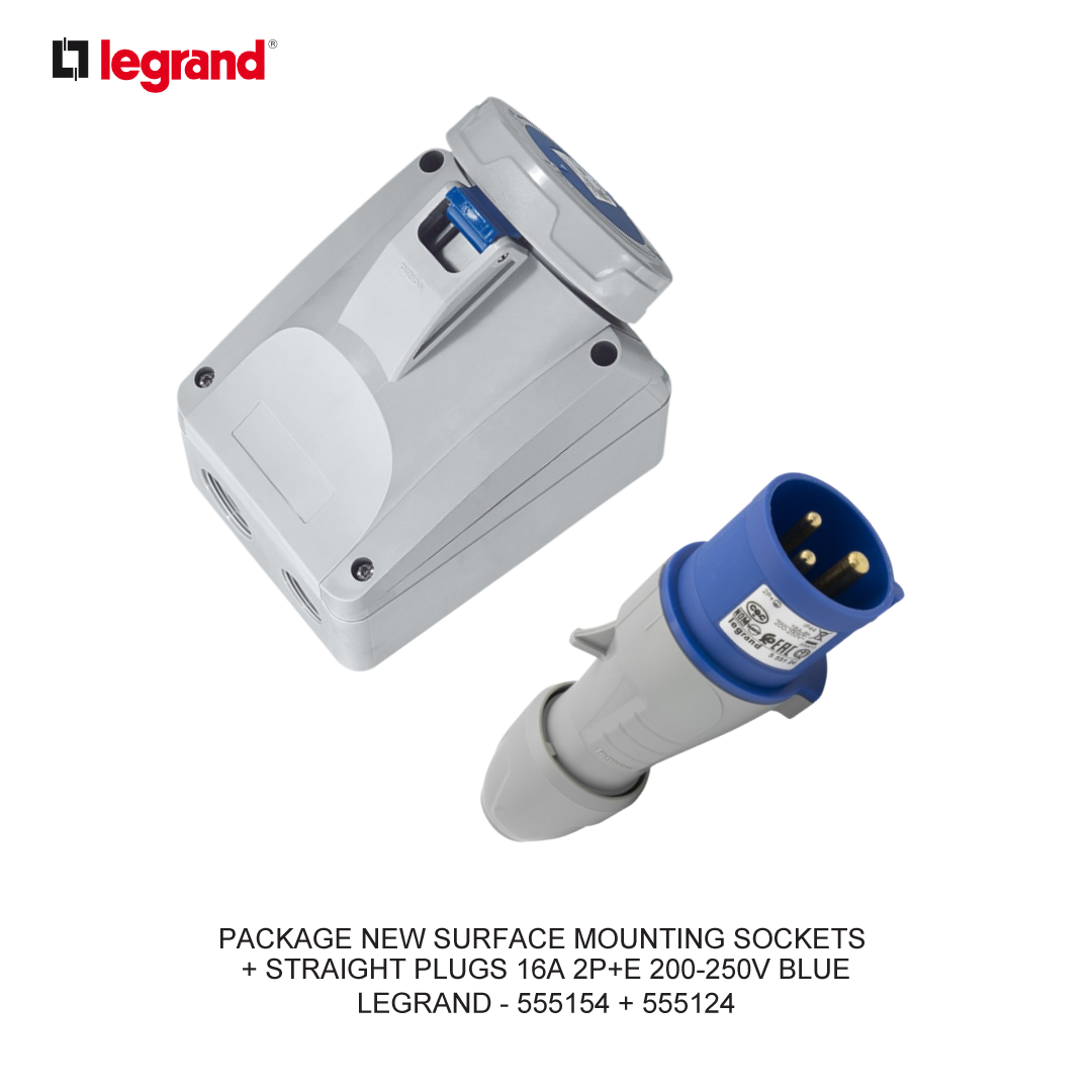 PAKET NEW SURFACE MOUNTING SOCKETS + STRAIGHT PLUGS 16A 2P+E 200-250V BIRU