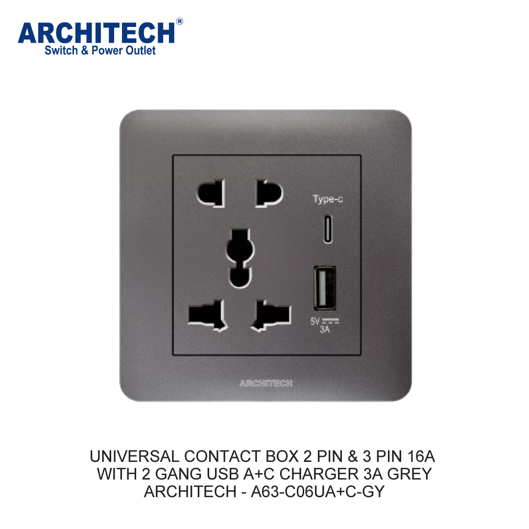 KOTAK KONTAK UNIVERSAL 2 PIN & 3 PIN 16A DENGAN 2 GANG USB A+C CHARGER 3A ABU-ABU