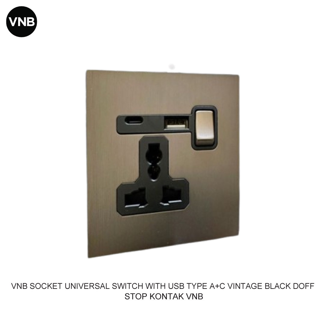 VNB STOP KONTAK UNIVERSAL SWITCH WITH USB TYPE A+C VINTAGE BLACK DOFF