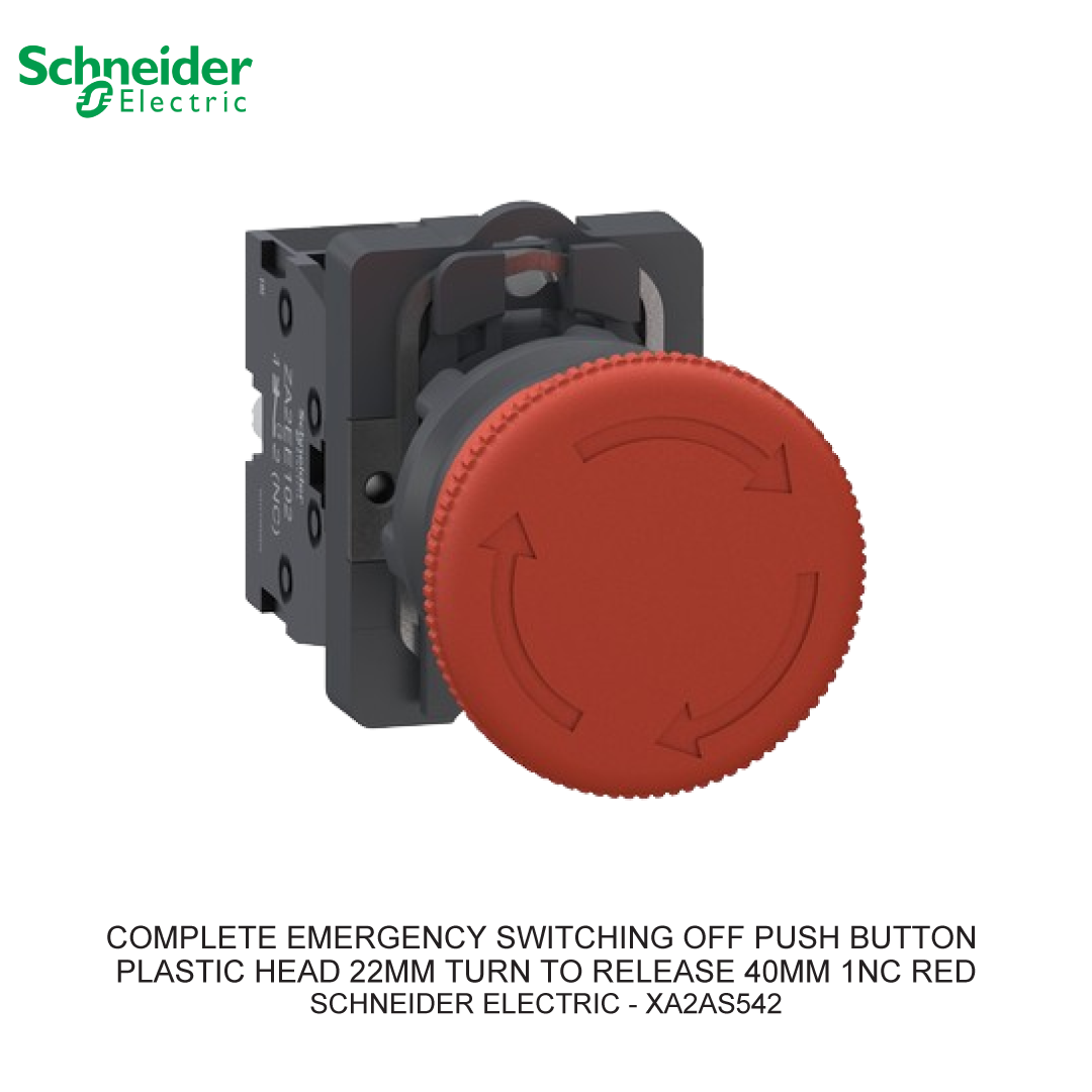 COMPLETE EMERGENCY SWITCHING OFF PUSH BUTTON PLASTIC HEAD 22MM TURN TO RELEASE 40MM 1NC RED