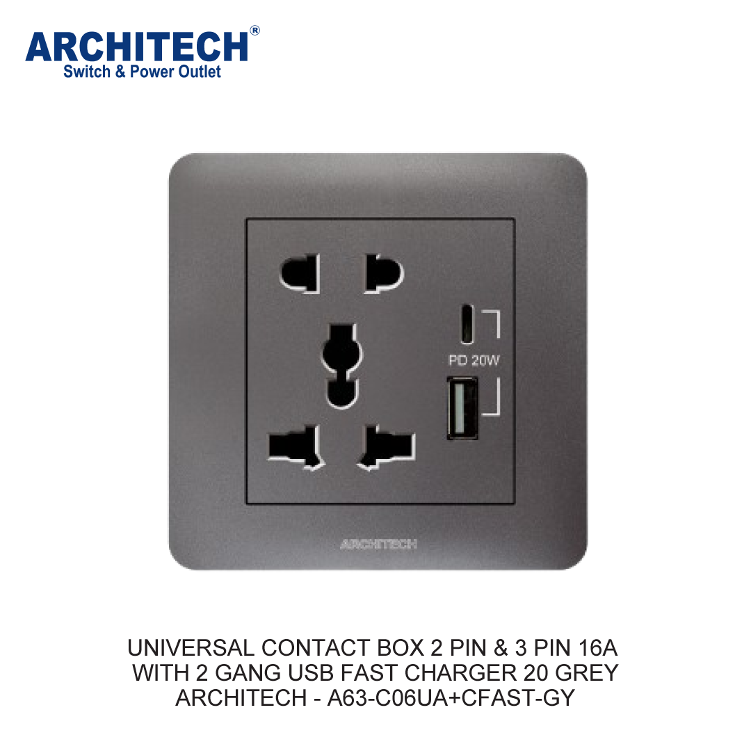 KOTAK KONTAK UNIVERSAL 2 PIN & 3 PIN 16A DENGAN 2 GANG USB FAST CHARGER 20W ABU-ABU