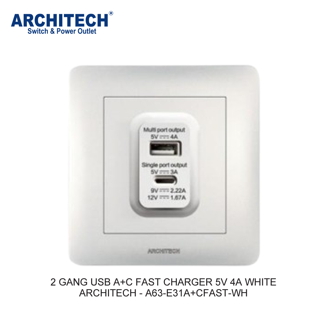 2 GANG USB A+C FAST CHARGER 5V 4A PUTIH