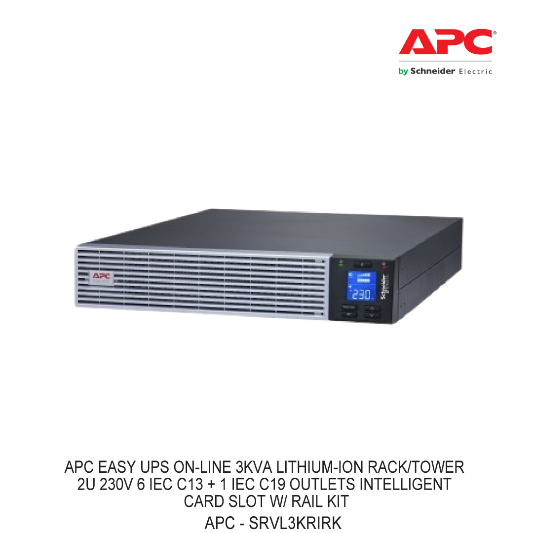 APC EASY UPS ON-LINE 3KVA LITHIUM-ION RACK/TOWER 2U 230V 6 IEC C13 + 1 IEC C19 OUTLETS INTELLIGENT CARD SLOT W/ RAIL KIT