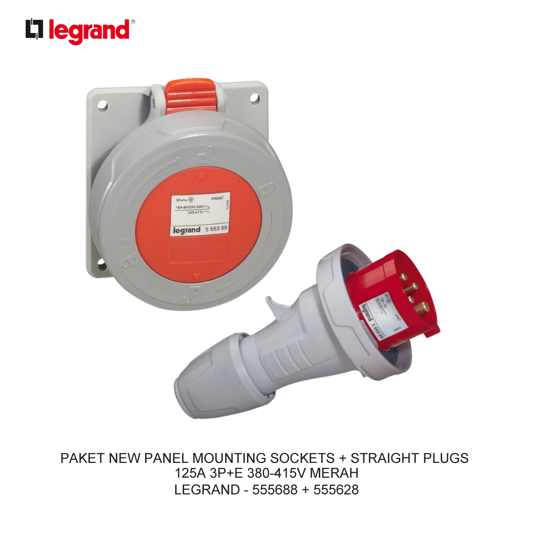 PAKET NEW PANEL MOUNTING SOCKETS + STRAIGHT PLUGS 125A 3P+E 380-415V MERAH