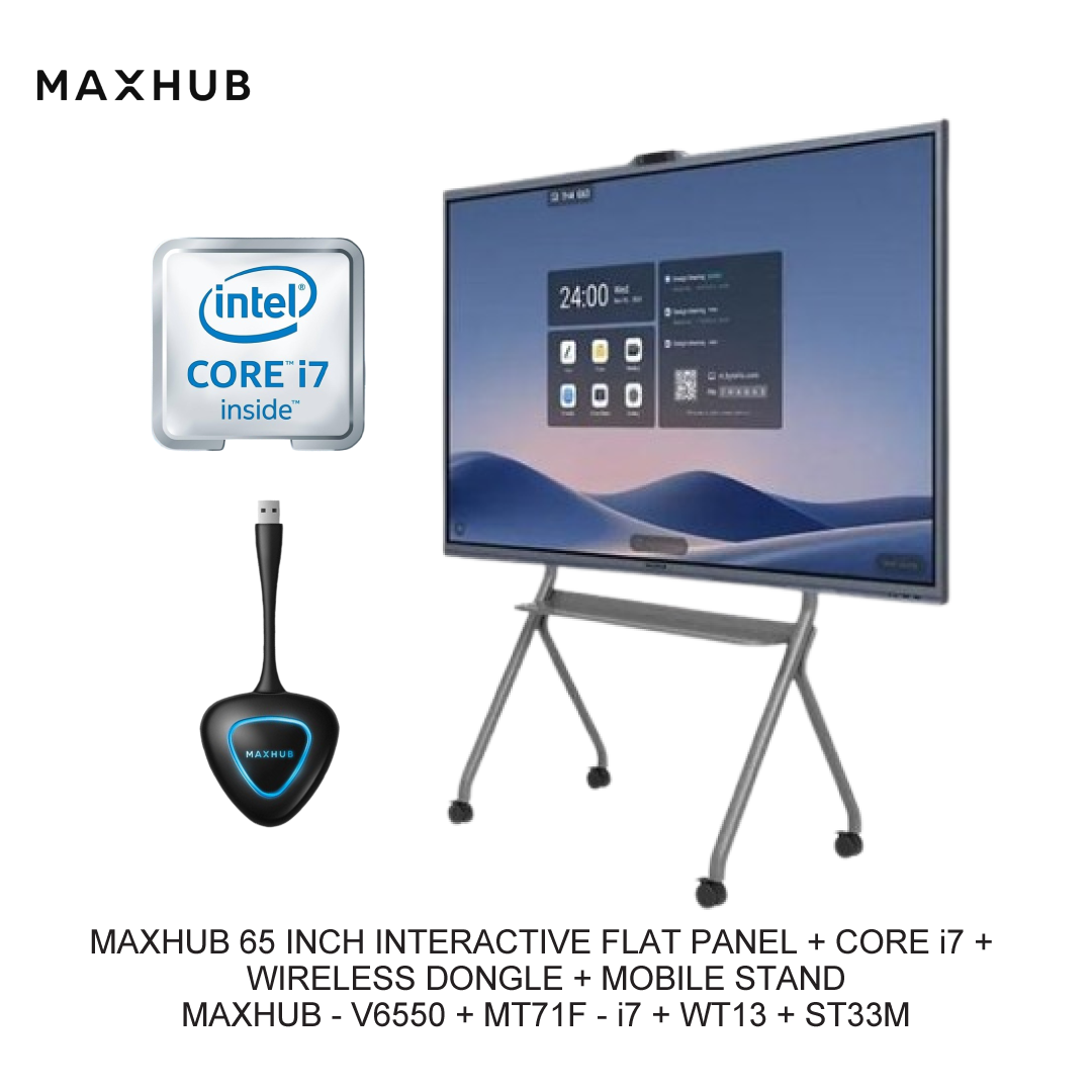 MAXHUB 65 INCH INTERACTIVE FLAT PANEL + CORE i7 + WIRELESS DONGLE + MOBILE STAND