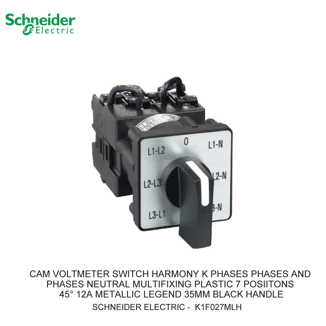 CAM VOLTMETER SWITCH HARMONY K PHASES PHASES AND PHASES NEUTRAL MULTIFIXING PLASTIC 7 POSIITONS 45° 12A METALLIC LEGEND 35MM BLACK HANDLE