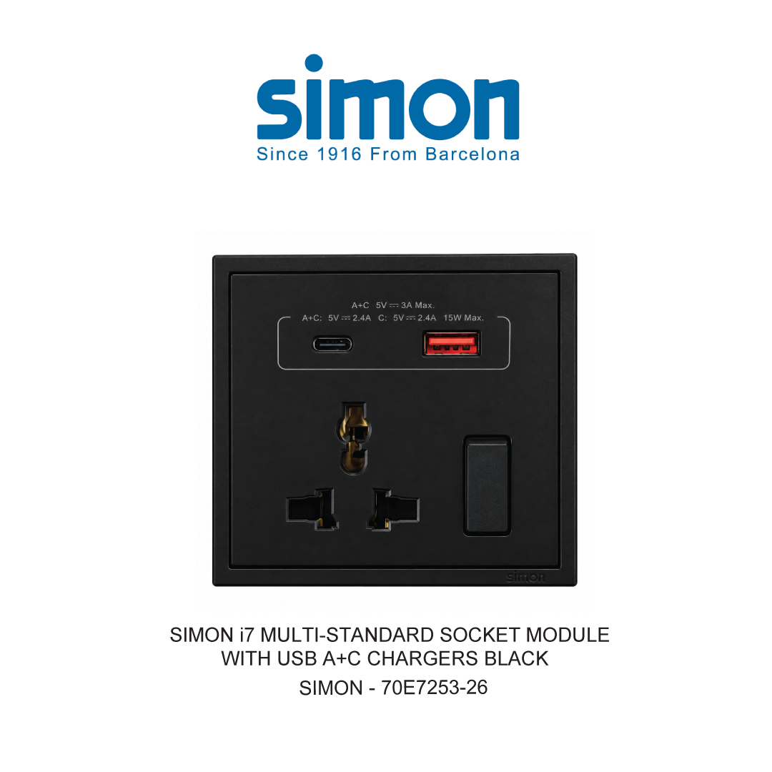 SIMON i7 MULTI-STANDARD SOCKET MODULE WITH USB A+C CHARGERS BLACK