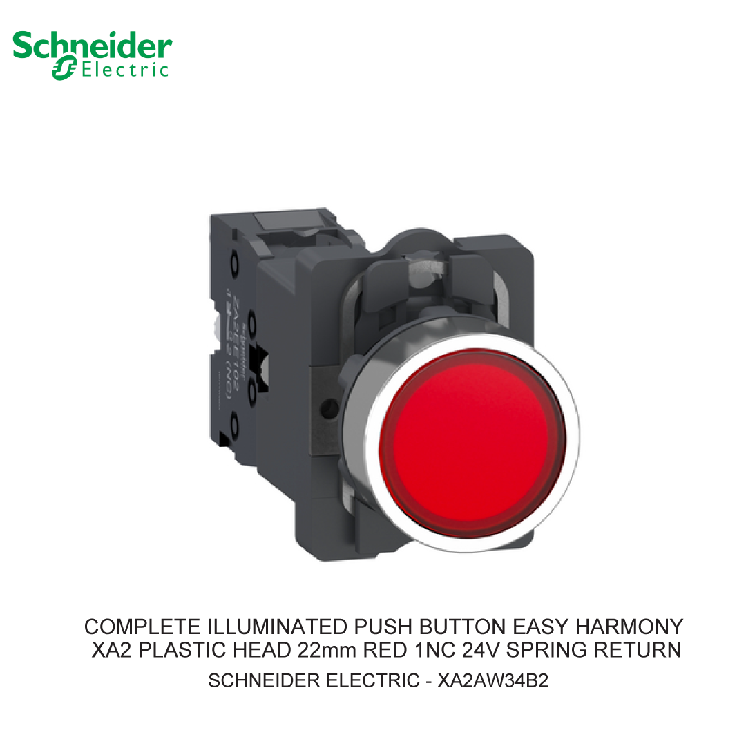 COMPLETE ILLUMINATED PUSH BUTTON PLASTIC HEAD 22MM RED 1NC 24V AC/DC SPRING RETURN