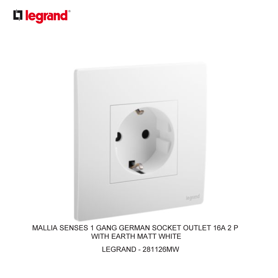 MALLIA SENSES 1 GANG GERMAN SOCKET OUTLET 16A 2 POLES WITH EARTH MATT WHITE